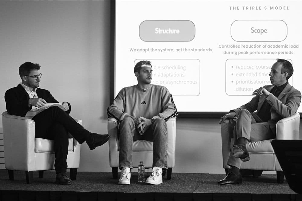 Jeff Gomez speaking on a panel about supporting athletes' dual careers